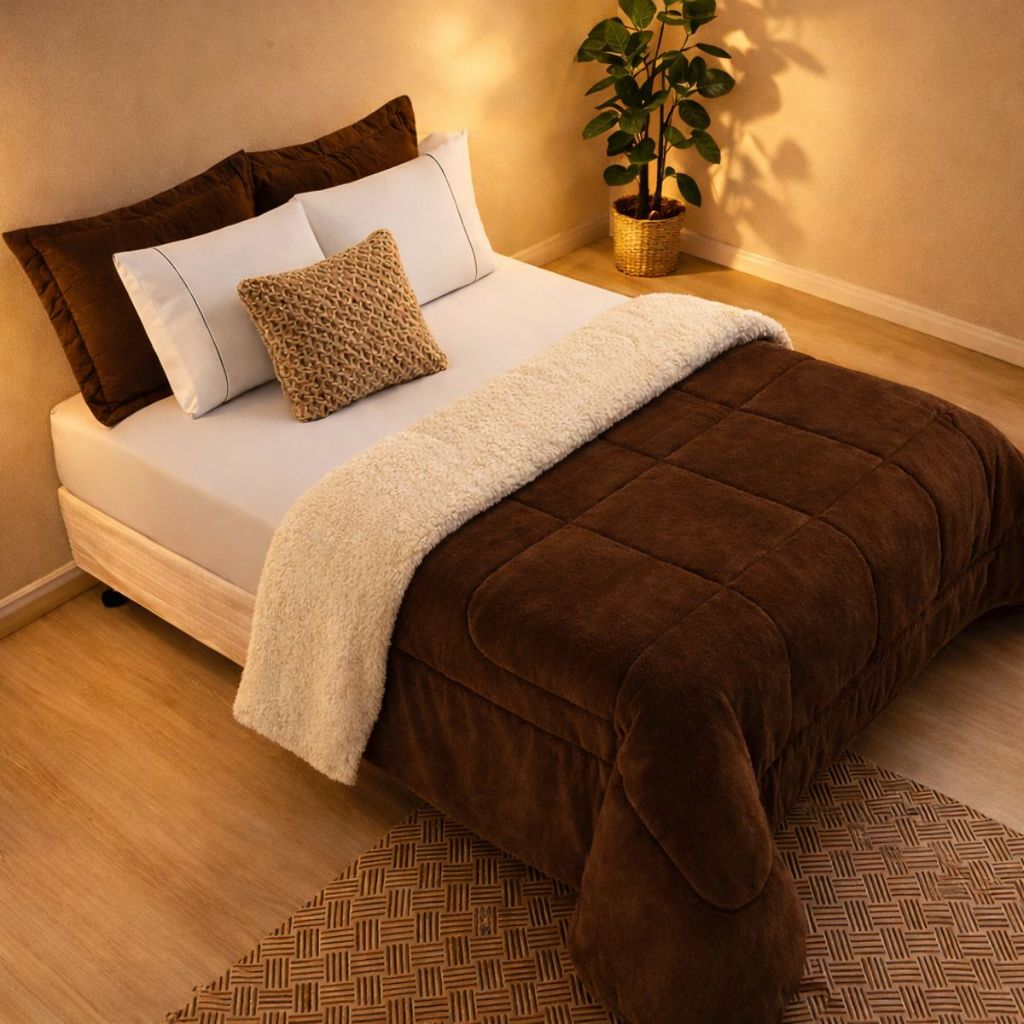 Coberdrom Casal Queen Sherpa Edredom Pele de Carneiro 2,40 x 2,20m Toque Macio Para o Frio
