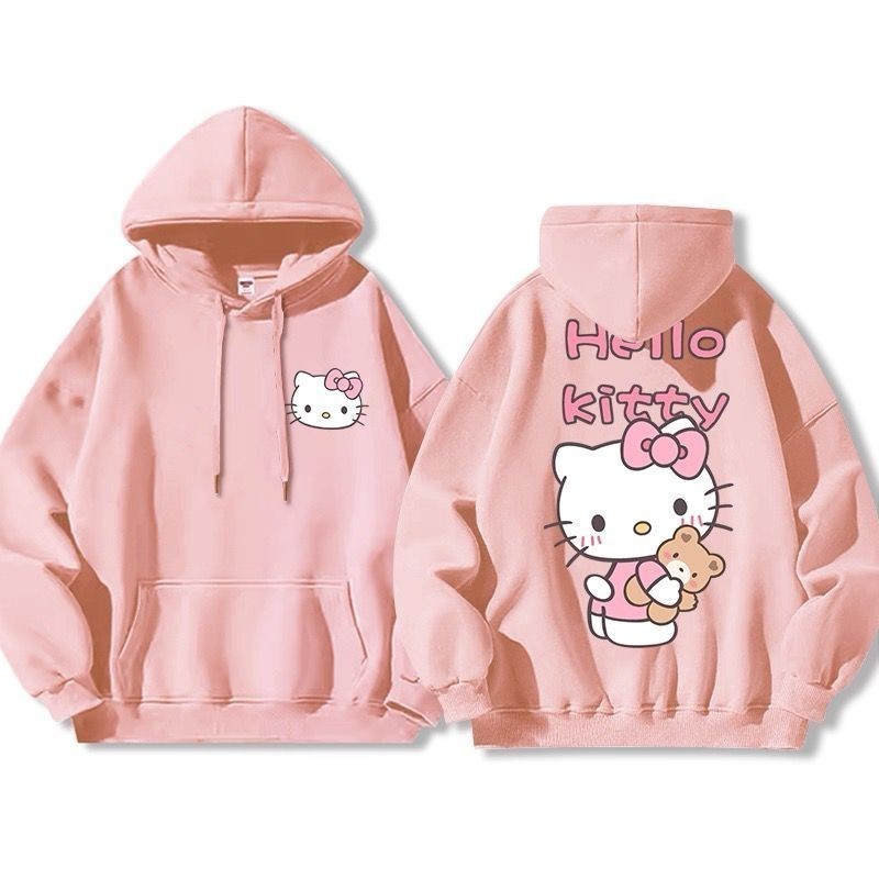 Hello Kitty Primavera Outono Bonito Dos Desenhos Animados Gatinho Impresso Moletom Com Capuz Feminino Casual