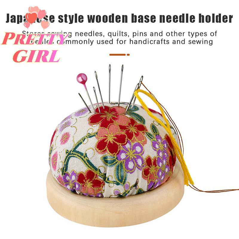 [Pretty ggirl] Almofadas De Alfinetes De Bordado Vintage Almofada De Pino Meio Redonda Com Suporte De Agulha De Base De 