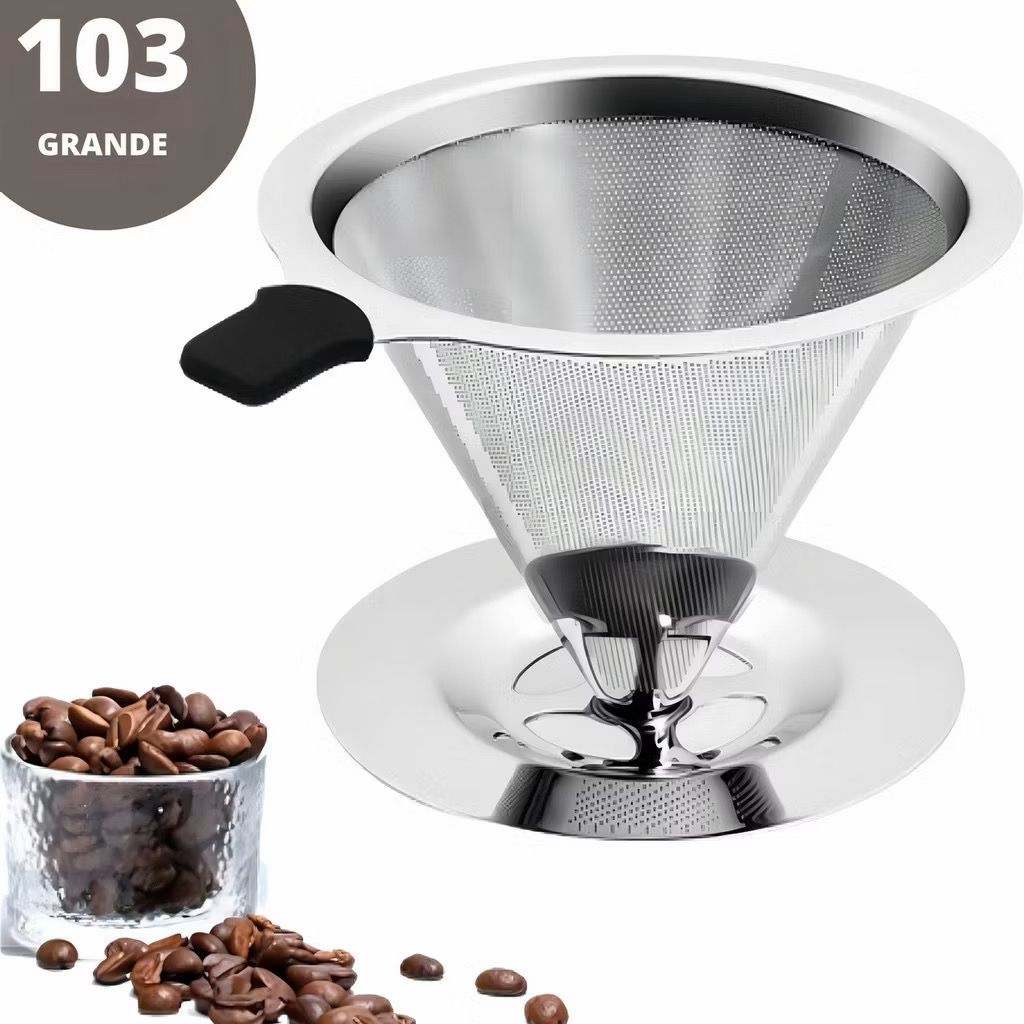 Filtro Coador De Café Inox 103 - Com Pegador em Silicone - Peneira Aço Reutilizável