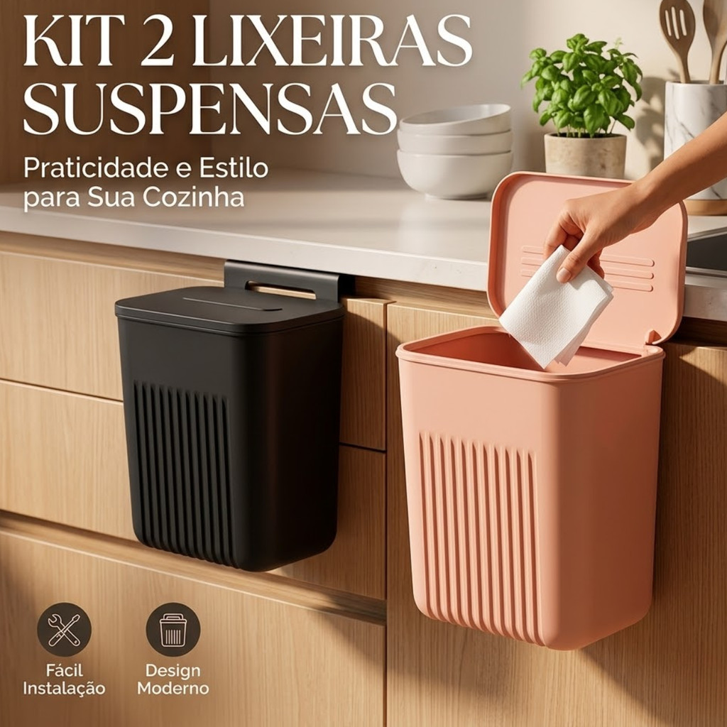 Kit até 2 Lixeiras Suspensas 9L com Tampa Retrátil Sem Furo Multiuso Porta Armário Cozinha Banheiro