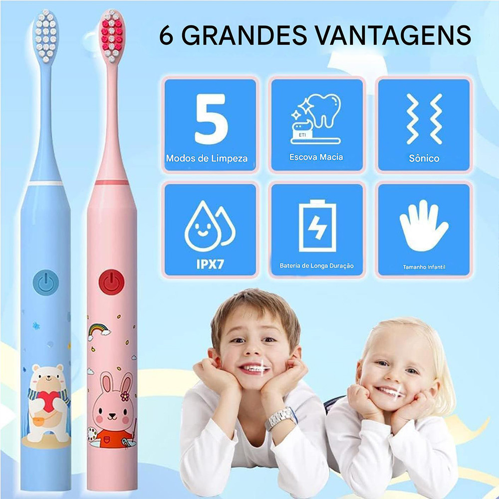 Escova de dentes elétrica sônica infantil 1 a 3 anos 100% impermeável cerdas macias seguras 4 cabeças