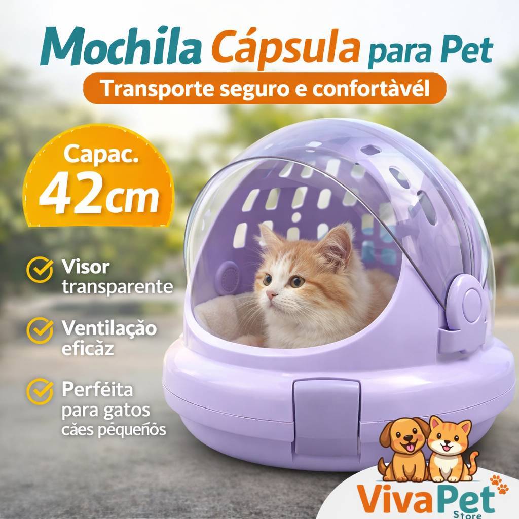 Mochila Pet Cápsula Transparente para Gato Cão Pequeno Bolsa Transporte Astronauta Ventilada Portátil 42cm