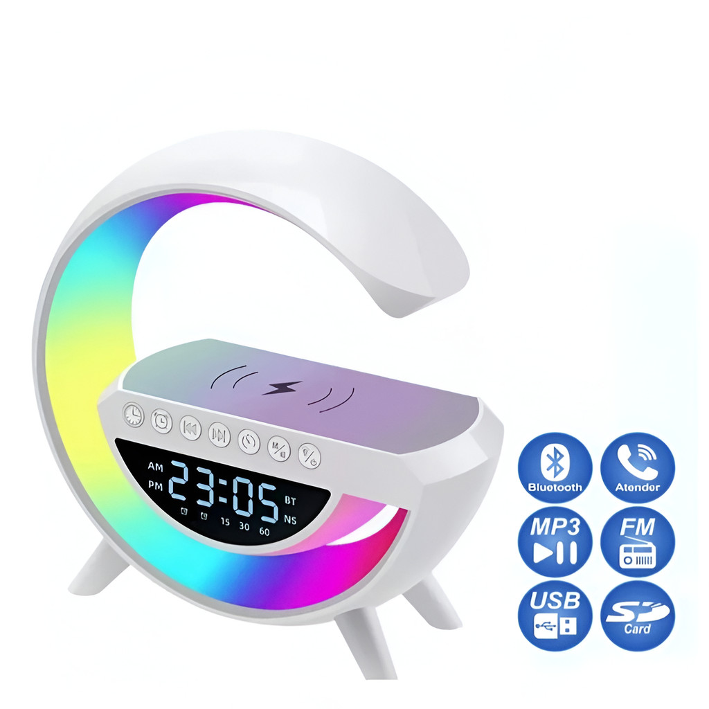 Caixinha de Som Bluetooth com Relógio G-Speaker Luminária LED Simplus