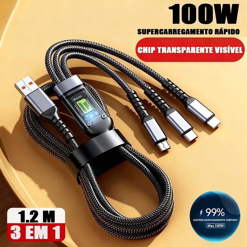 Cabo De Carregamento 3 em 1 Liga De Zinco 100W 6A Carregador Super Rápido USB Proteção Display Promo