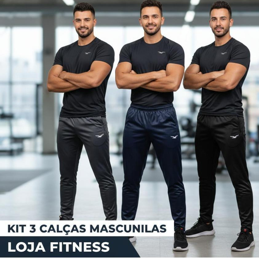 Kit 3 Calças Forrada Com Bolsos Calça Masculina Para Academia Casual Slim Fit