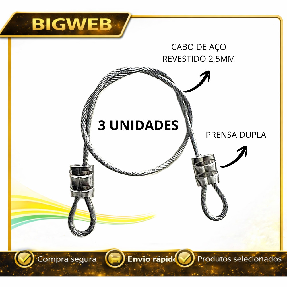 3 Lacre de Segurança de Cabo de Aço revestido 25cm / 35cm / 45cm / 60cm / 80cm Escolha o Tamanho