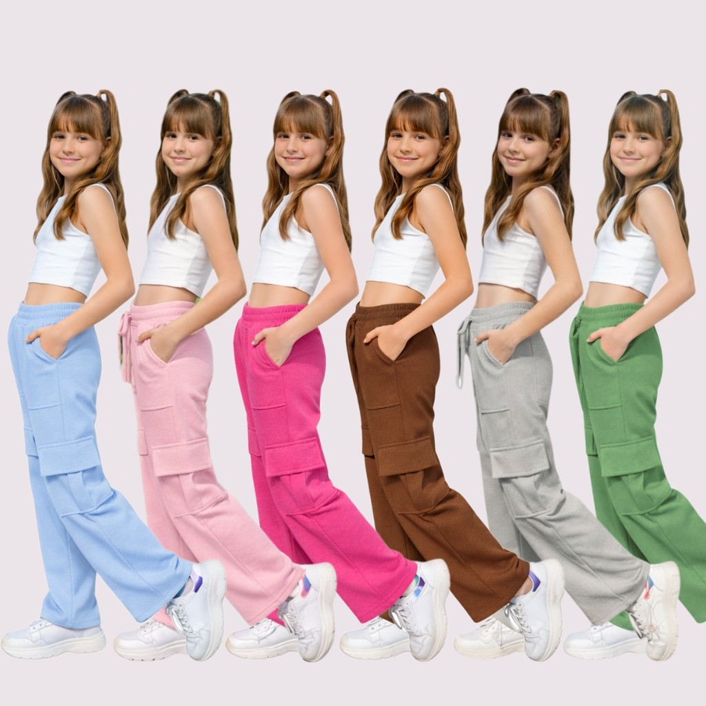 Calça Cargo Moletom Juvenil Feminino Flanelada Macio