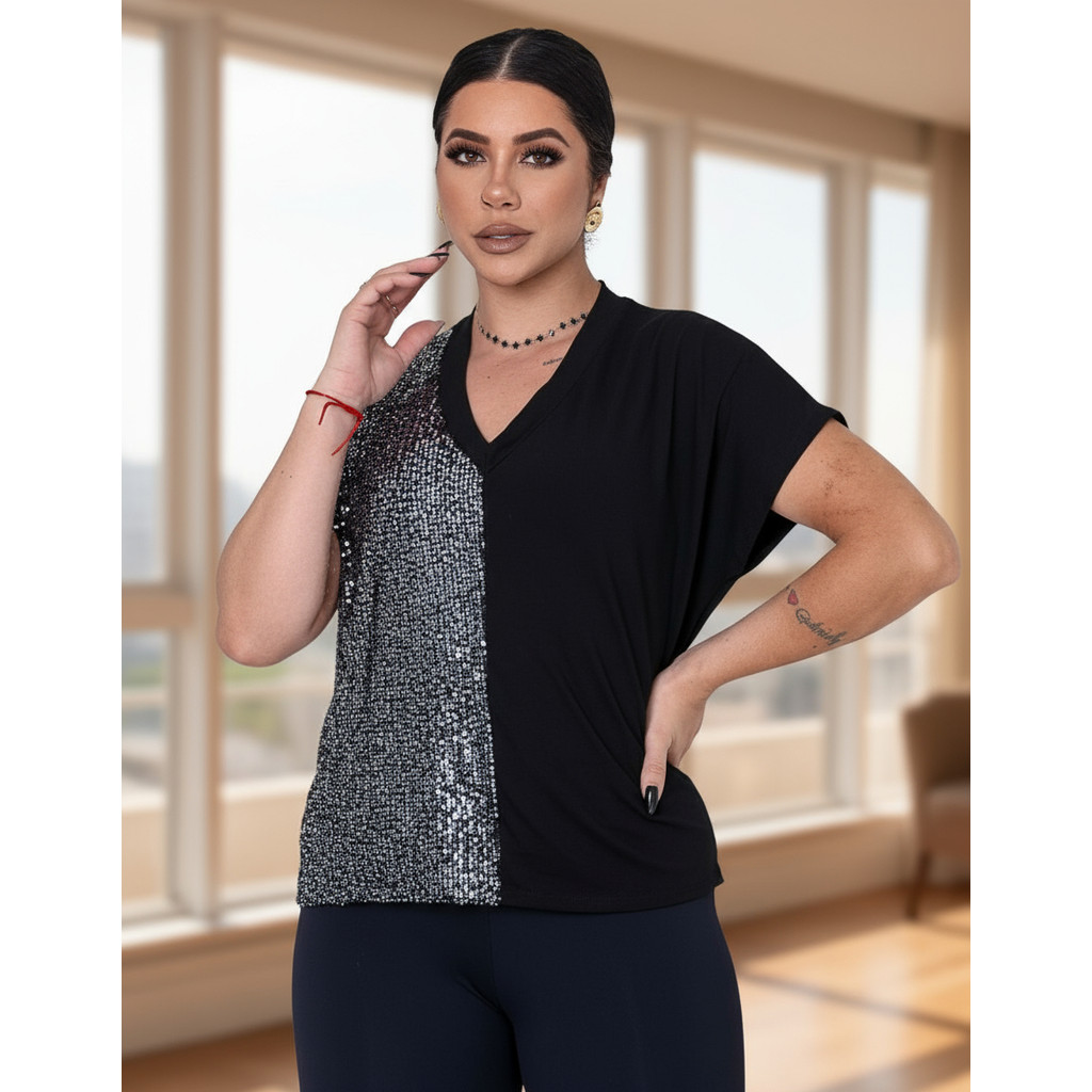 Blusa Feminina Lateral Paetê Brilho Festa Carnaval Eventos