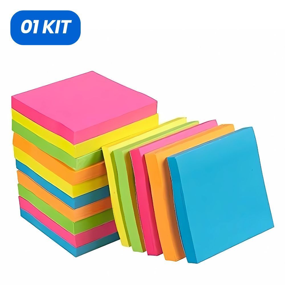 Kit Bloco de Notas Adesivo 76x76mm Colorido c/Folhas para Anotações Mural Prático