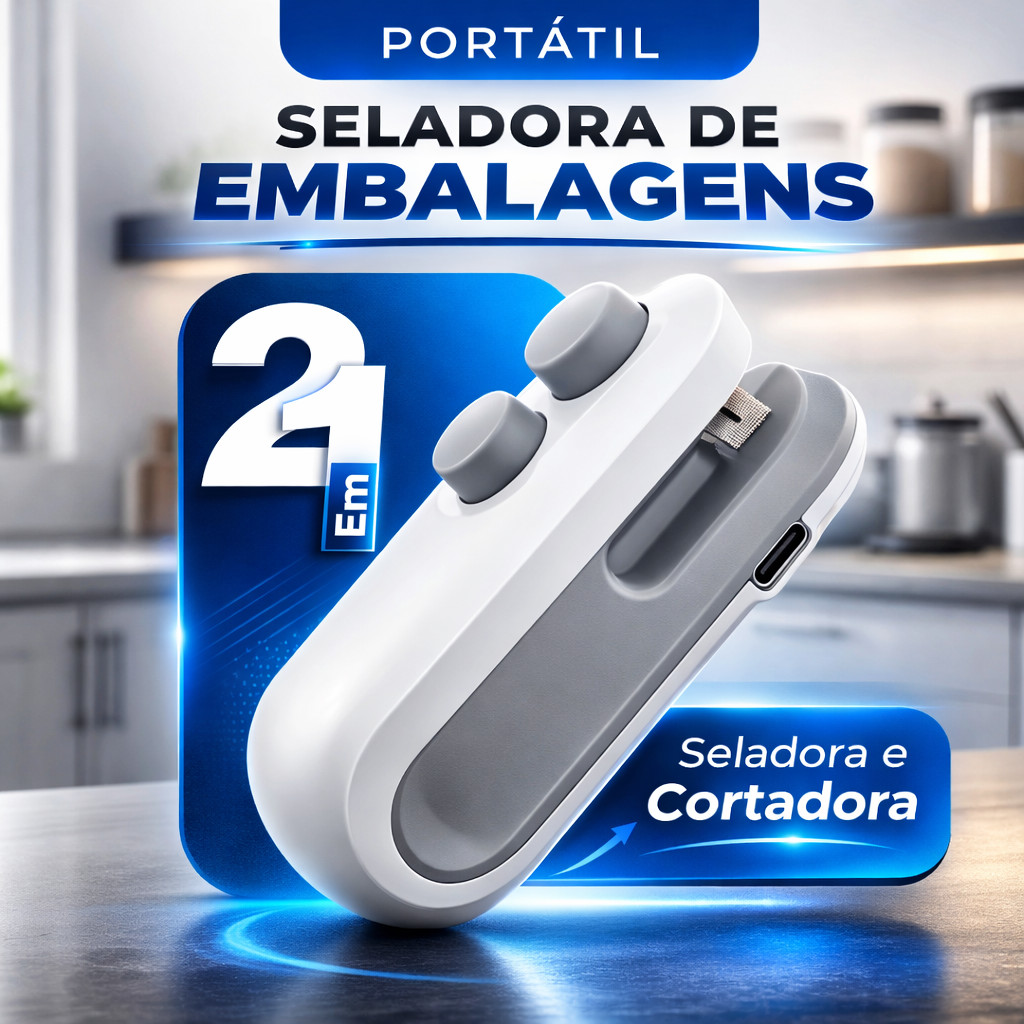 Seladora de Embalagens Portátil 2 em 1 – Sela e Corta – Recarregável USB