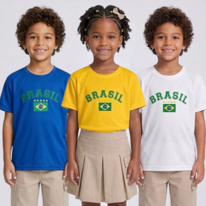 Camiseta Infantil Brasil Torcida Unissex Tam 4 ao 16 - Azul Amarela Branca ou Preta