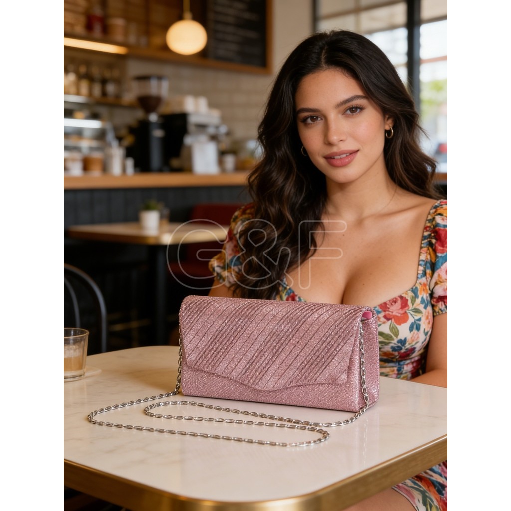 Bolsa Clutch Festa Texturizada com Brilho e Alça Transversal Removível para Jantar Casamento