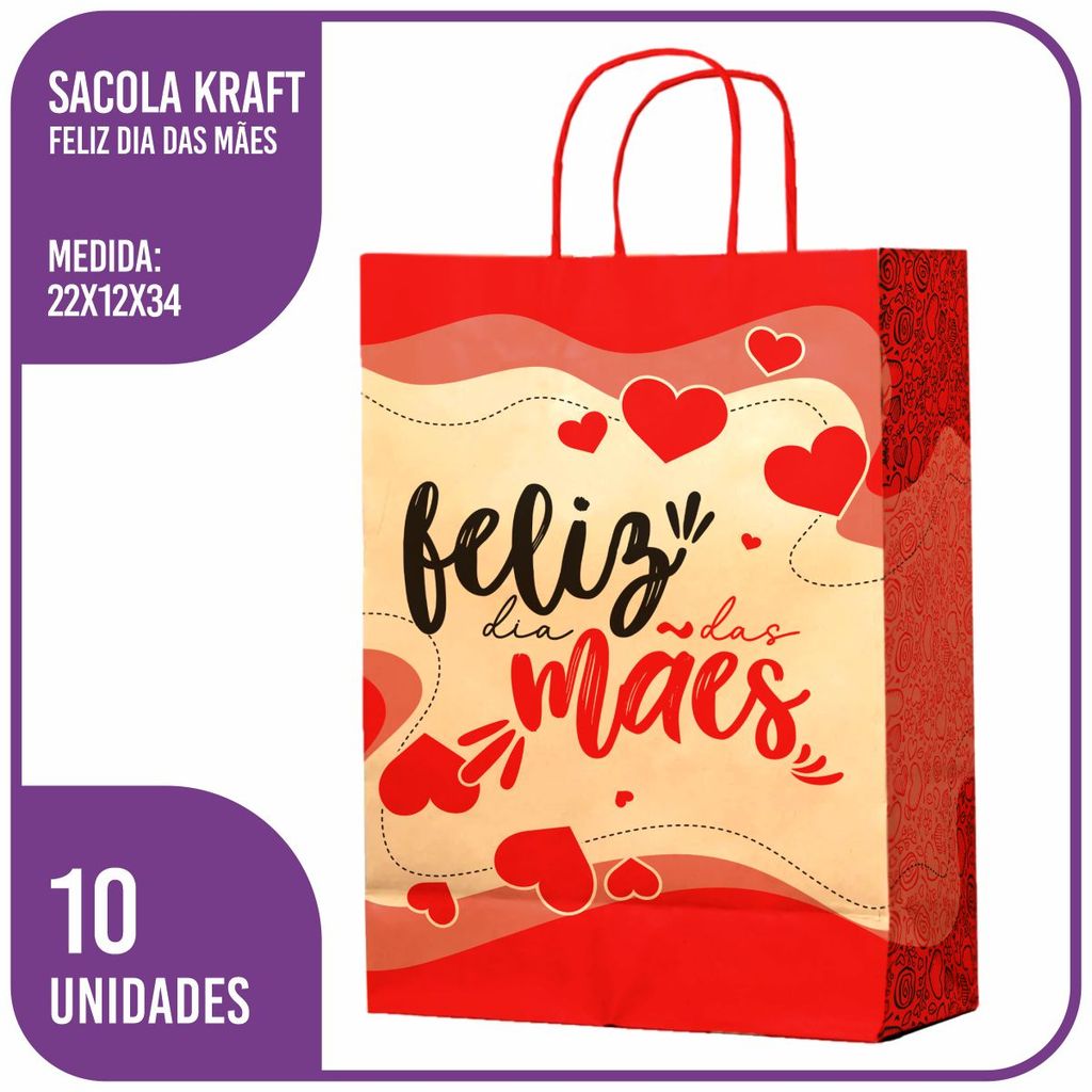 Sacola Kraft Feliz Dia das Mães (M) 22x12x34 - (10 Unidades)