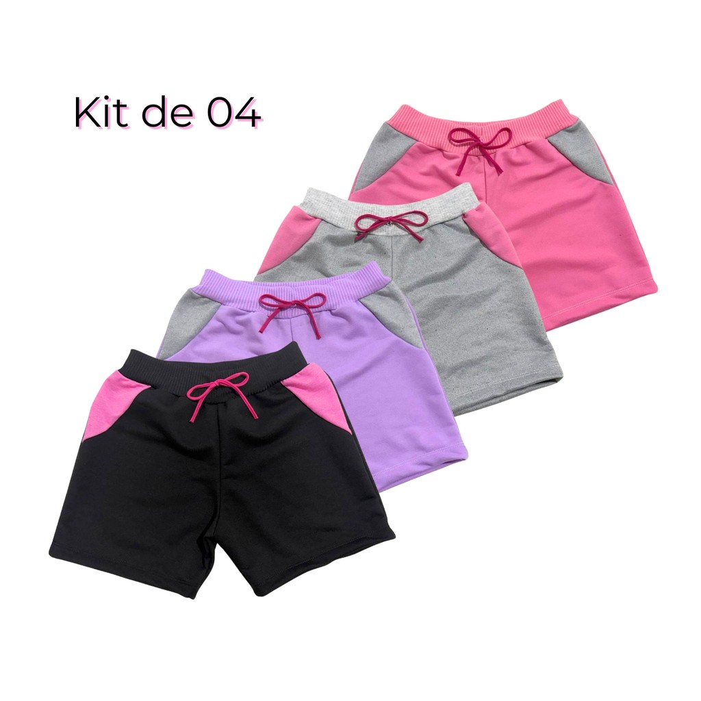Kit 4 Shorts Moletinho Menina Escola Bermuda Infantil Dia a Dia