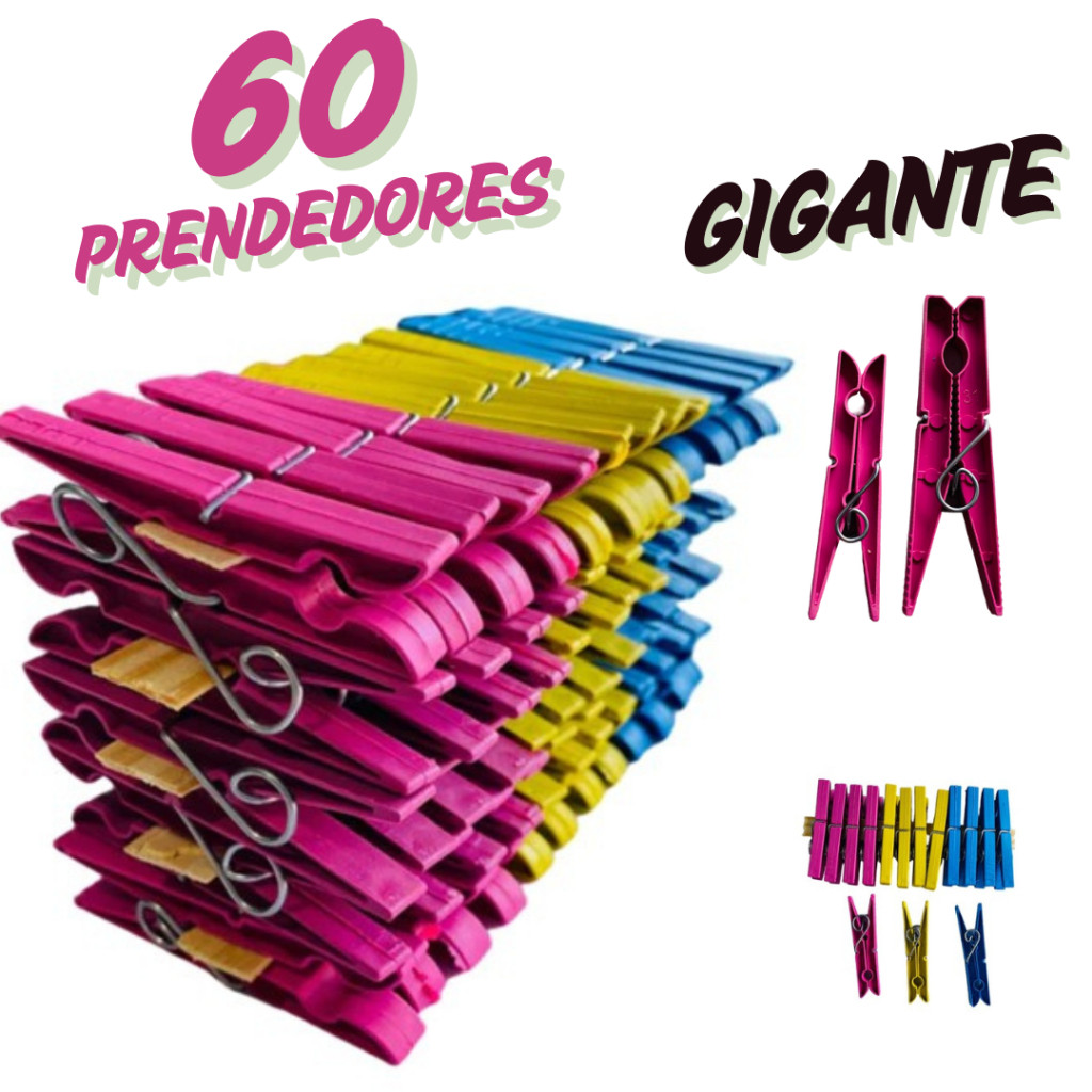 Kit com 60 / 48 / 36 / 24 / 12 Pregadores de Roupa em Plástico GIGANTE Reforçados - Cores Sortidas