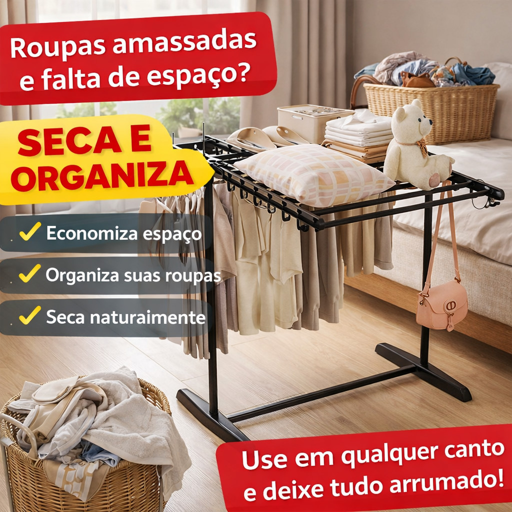 Suporte Multiuso para Secar Roupas com Prateleira e Ganchos Reforçado e Econômico de Espaço