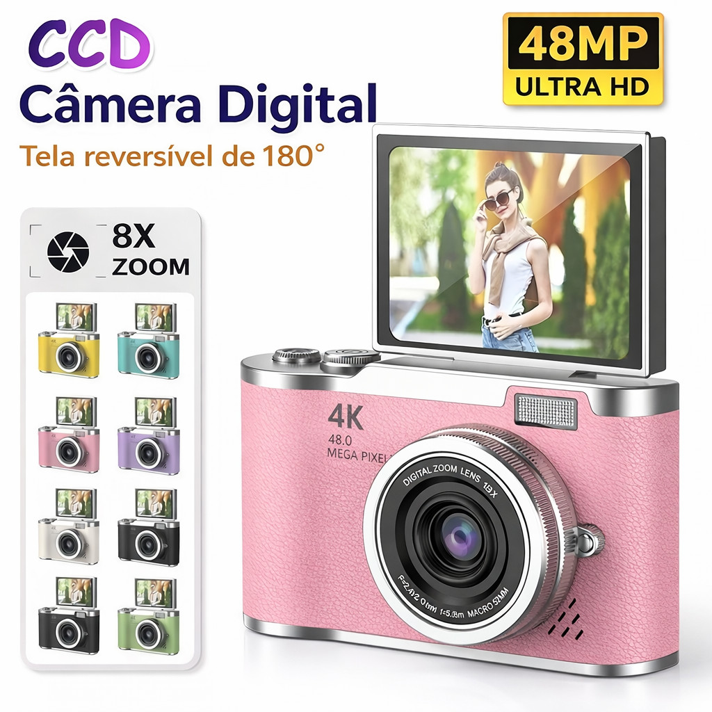 câmera digital com zoom 4k ccd 8x, adequada para fotografia estudantil, compacta de 48mp, tela flip selfie de 180°