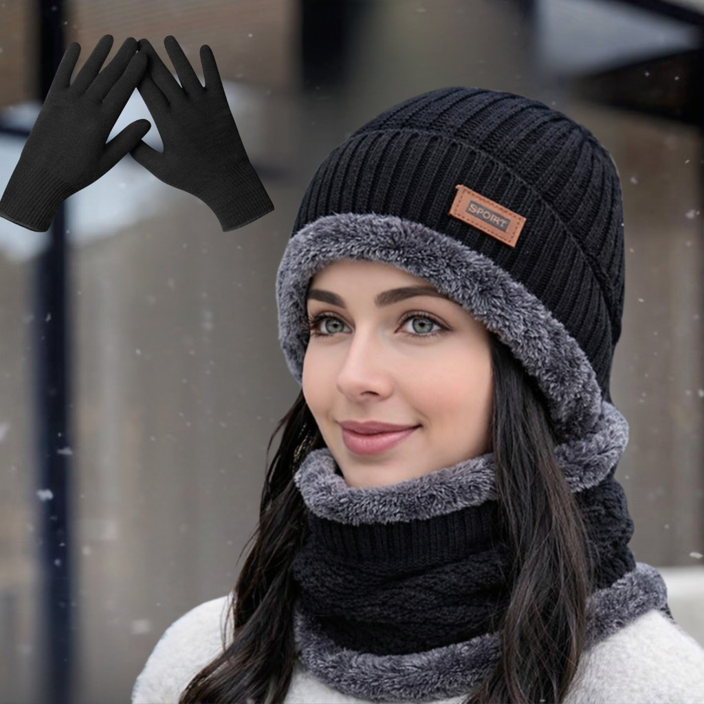Conjunto inverno touca Cachecol gorro e luvas Pretas