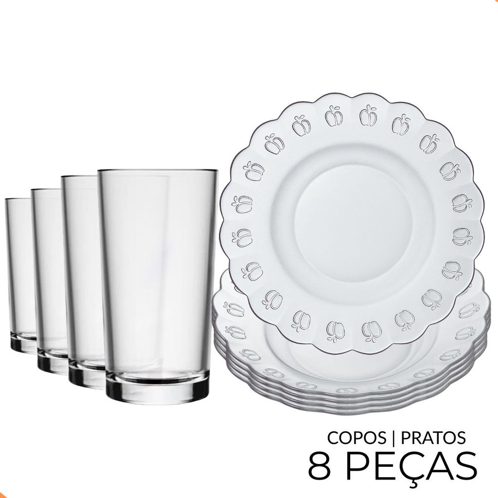 Jogo de Pratos Fundos e Copos com 8 Peças – Aparelho de Jantar em Vidro Ideal para Mesa Posta