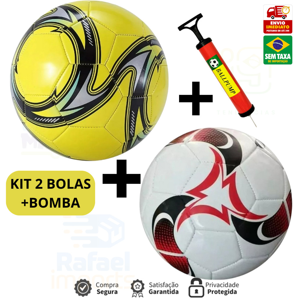Kit c/2 Bola de Futebol+1 Bomba de Ar Manual Portátil  Encher Bola Tamanho Oficial Couro Sintético
