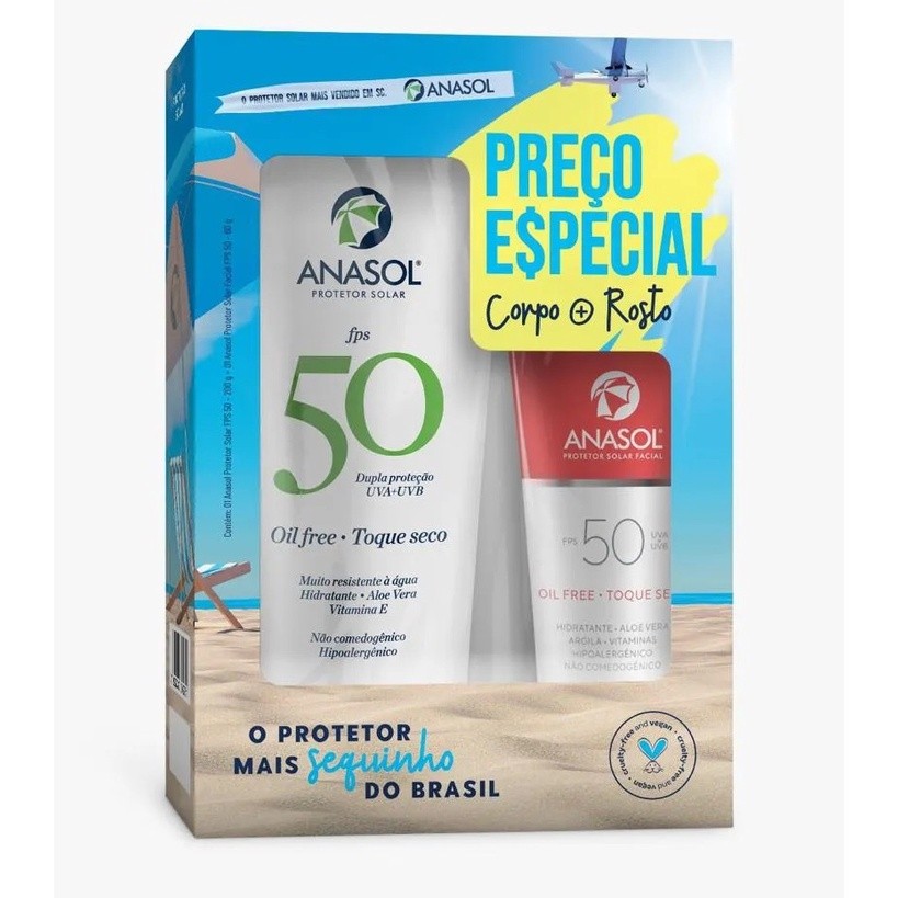 Kit Protetor Solar Anasol FPS 50 Facial 60g + Corporal 200g Toque Seco Oil Free Vegano
