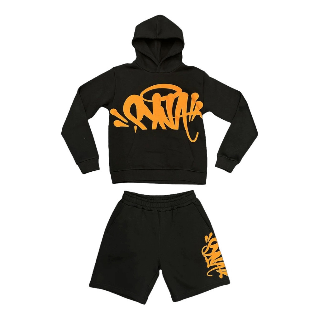Conjunto Rap Hip Hop Y2k Syna World Vintage Black Orange Moletom e Bermuda Premium Tendência