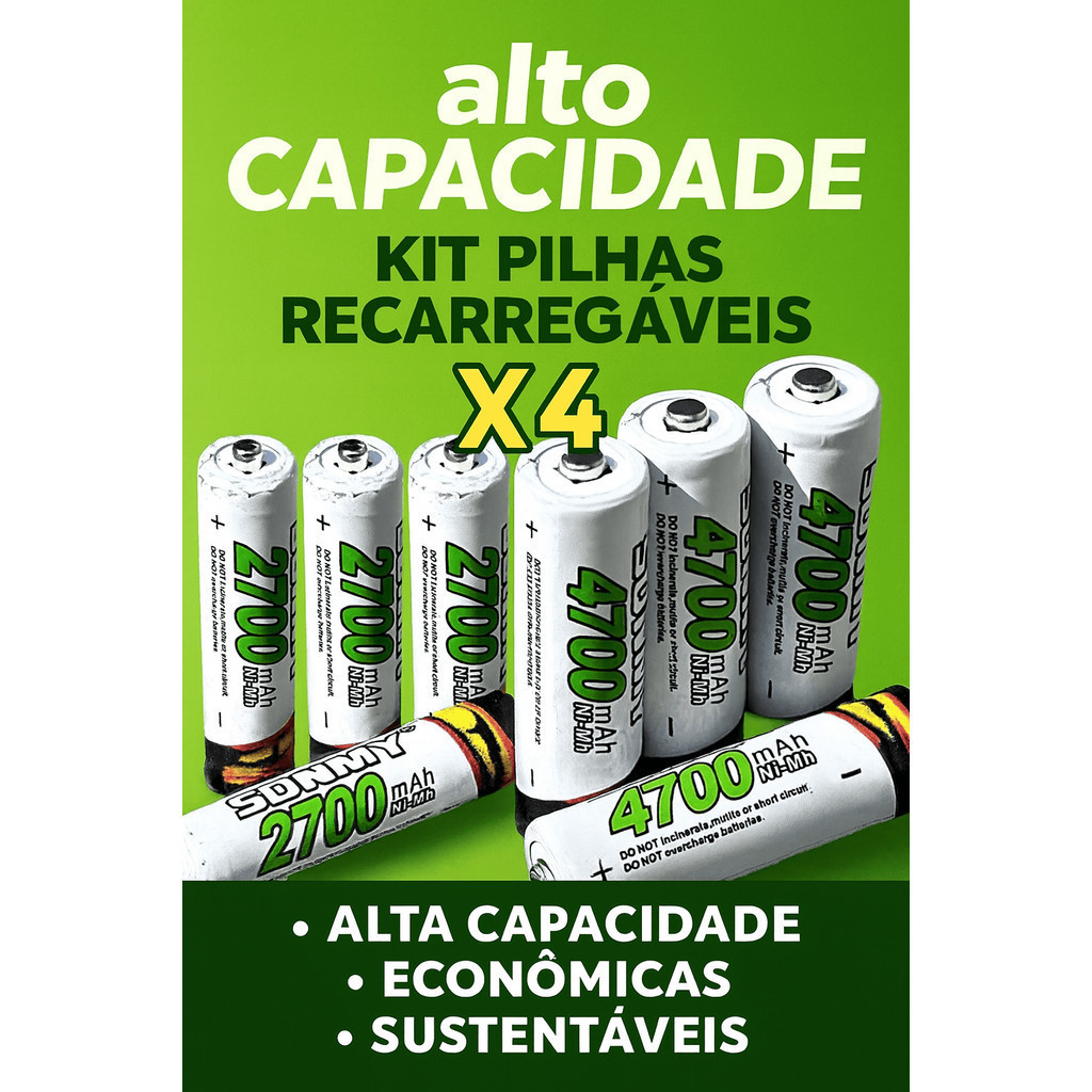 Kit Pilhas Recarregáveis Maxday – 8x AA 4700mAh + 8x AAA 2700mAh | Alta Capacidade, Econômicas e Sustentáveis
