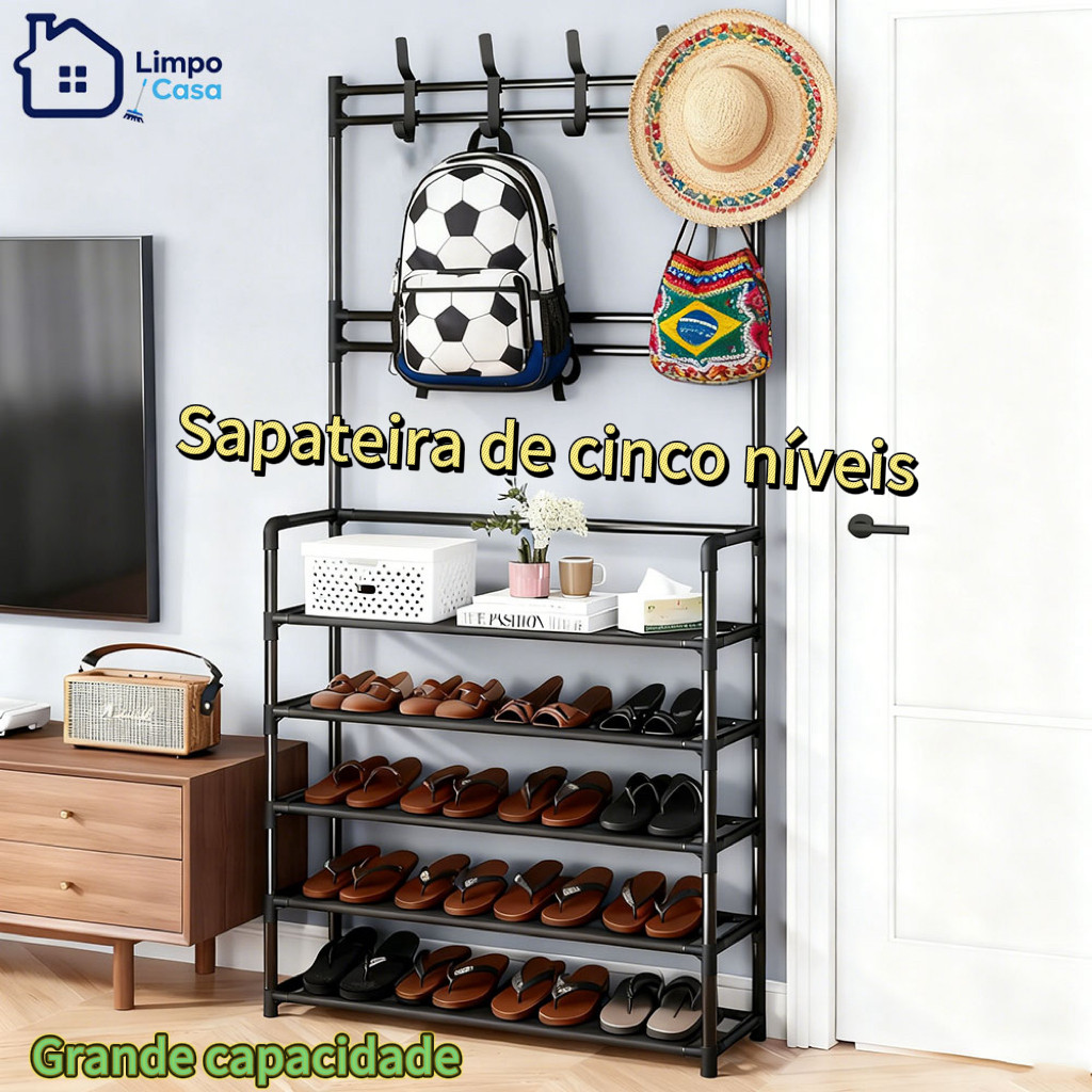 Sapateira de cinco camadas com ganchos -usado para pendurar chapéus, bolsas e guardar sapatos.