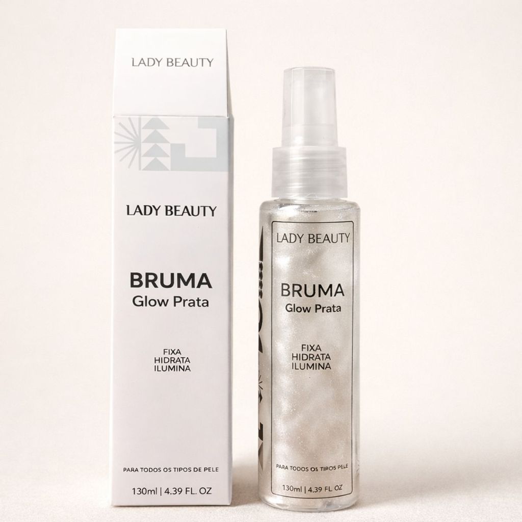 Bruma Facial Glow Prata Lady Beauty Iluminadora Fixadora de Maquiagem Brilho Suave Uso Profissional