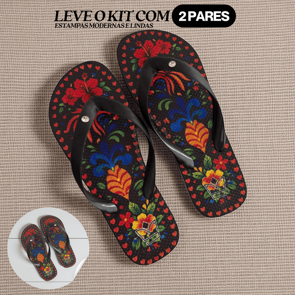 Kit 2 Sandália Feminina Havares Chinelo Confortável Design Versátil Preto Coracao