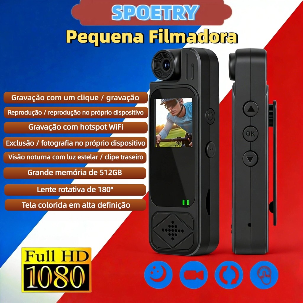 Mini filmadora portátil esportiva 1080P HD com visão noturna infravermelha e gravador de vídeo digital