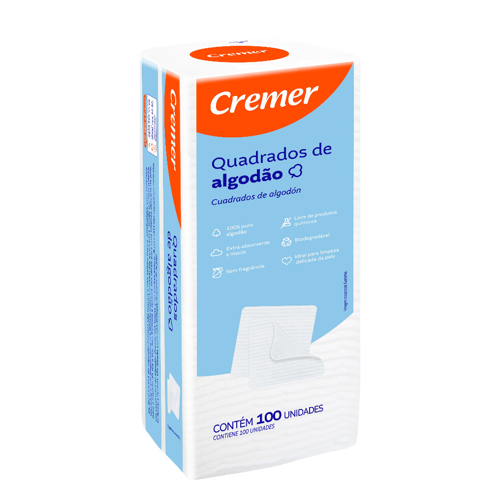 Algodão Quadrado Sem Perfume Cremer 100 UN KIT C/ 6 PACOTES