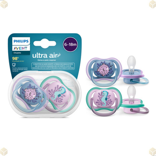 Kit 2 Chupetas Avent Ultra Air Dupla 6 a 18m Plus Menina Rosa Peixe/Cavalo Marinho