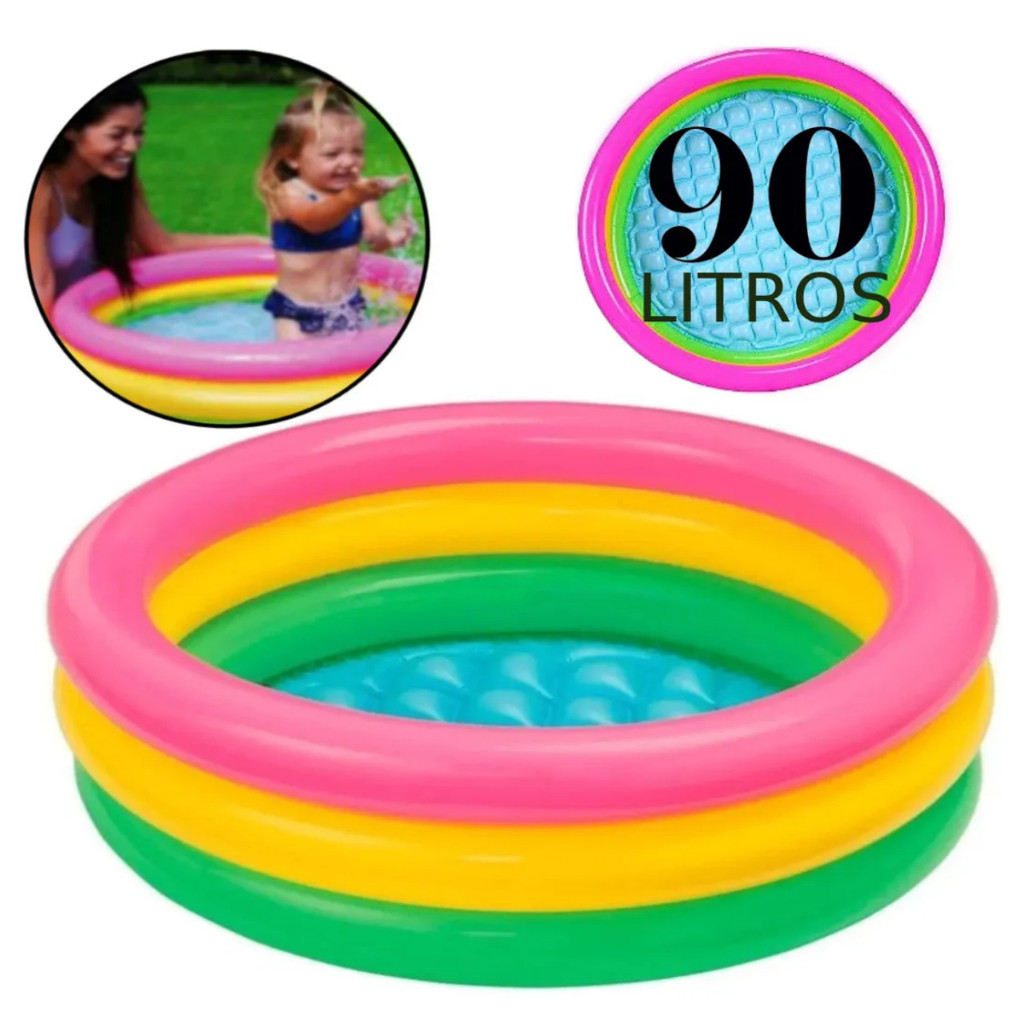 Piscina Inflável Infantil Redonda 90 Litros Para Bebês e Crianças Com 3 Anéis Colorida Fundo Acolchoado Mais Segurança