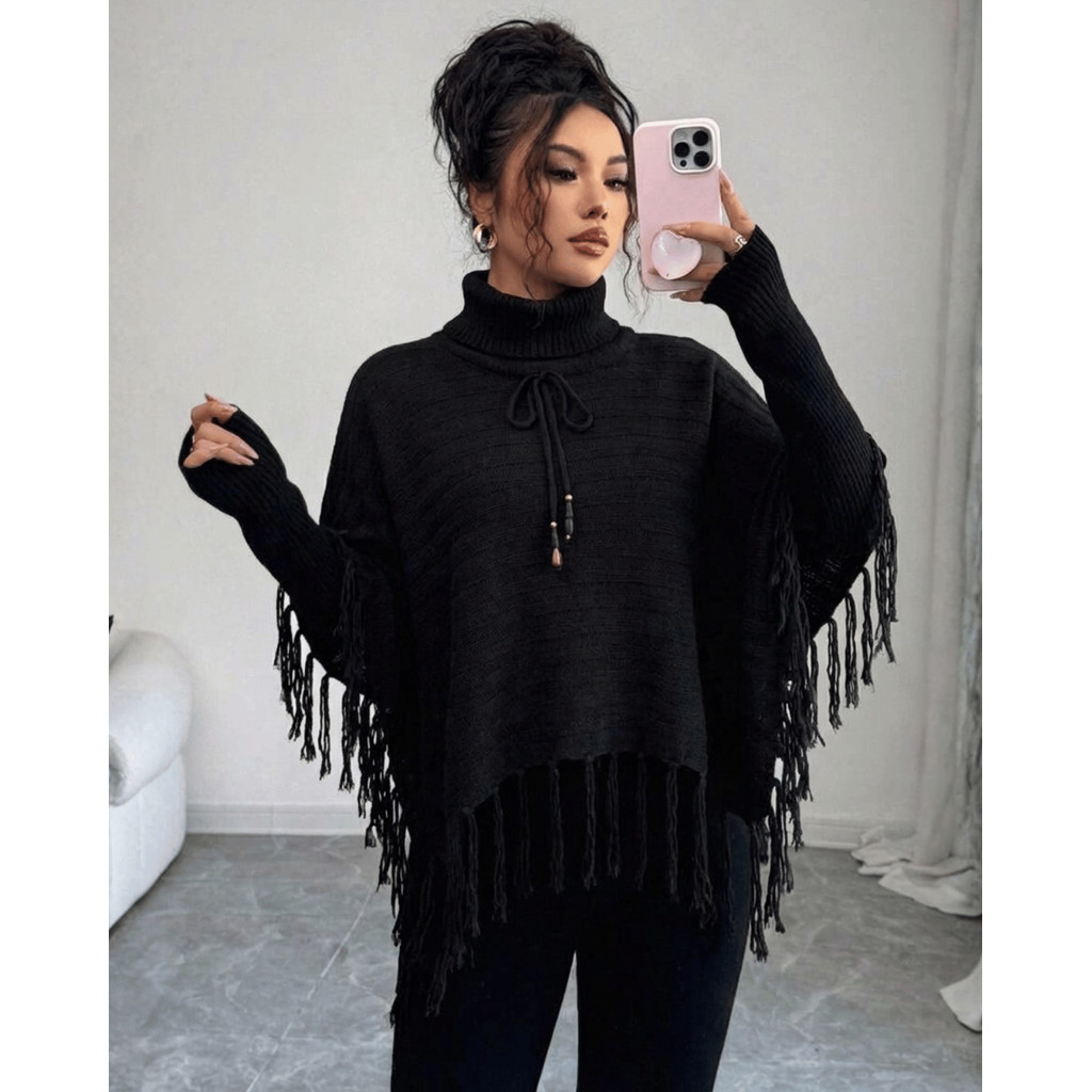 Poncho Feminino Tricot Elegante Gola Alta Social Chique Inverno Xale Crochet Lari