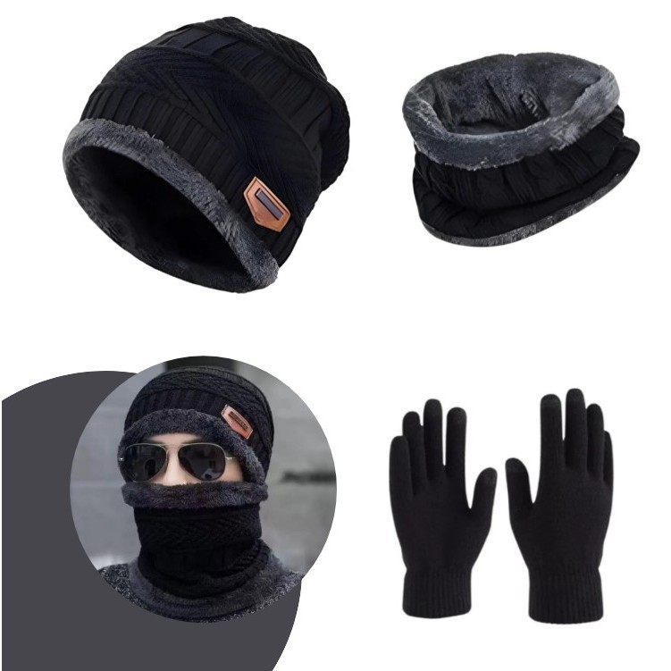 Conjunto Kit Inverno Frio Completo Luva Touch + Touca Forrada + Cachecol Protetor de Pescoço Unissex