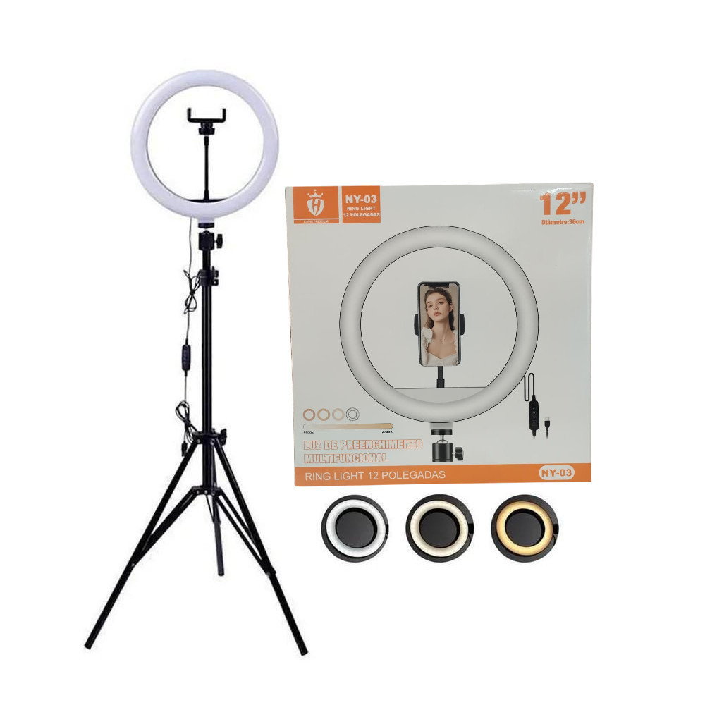 Ring Light LED 12” 360° Ajustável com Tripé 2m Iluminador Profissional NY-03