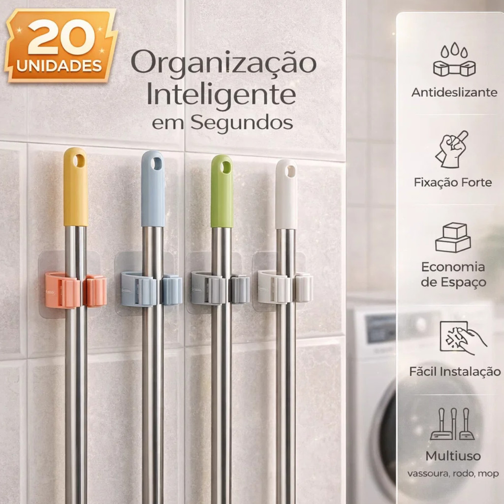 Kit Até 20 Suportes de Vassoura Sem Furar Parede Organizador Adesivo Forte Silicone Antiderrapante