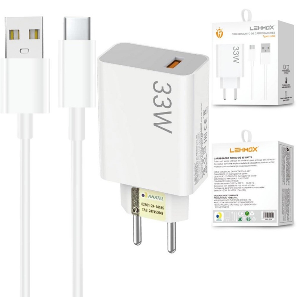 Carregador Turbo Power Lehmox 33W Compatível iPhone 7 8 11 12 13 15 Branco