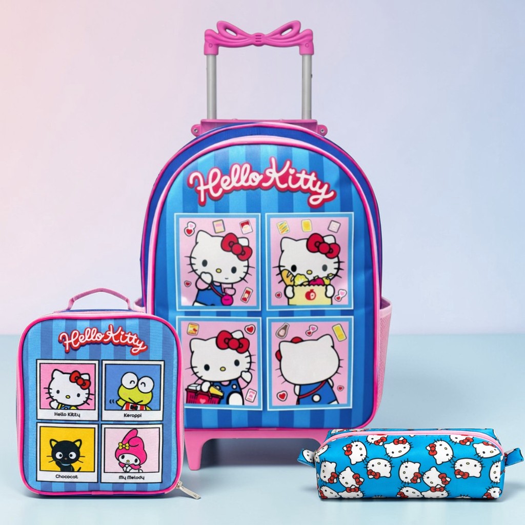 Kit Mochila Rodinha Hello Kitty Infantil com Lancheira e Estojo Juvenil Feminina