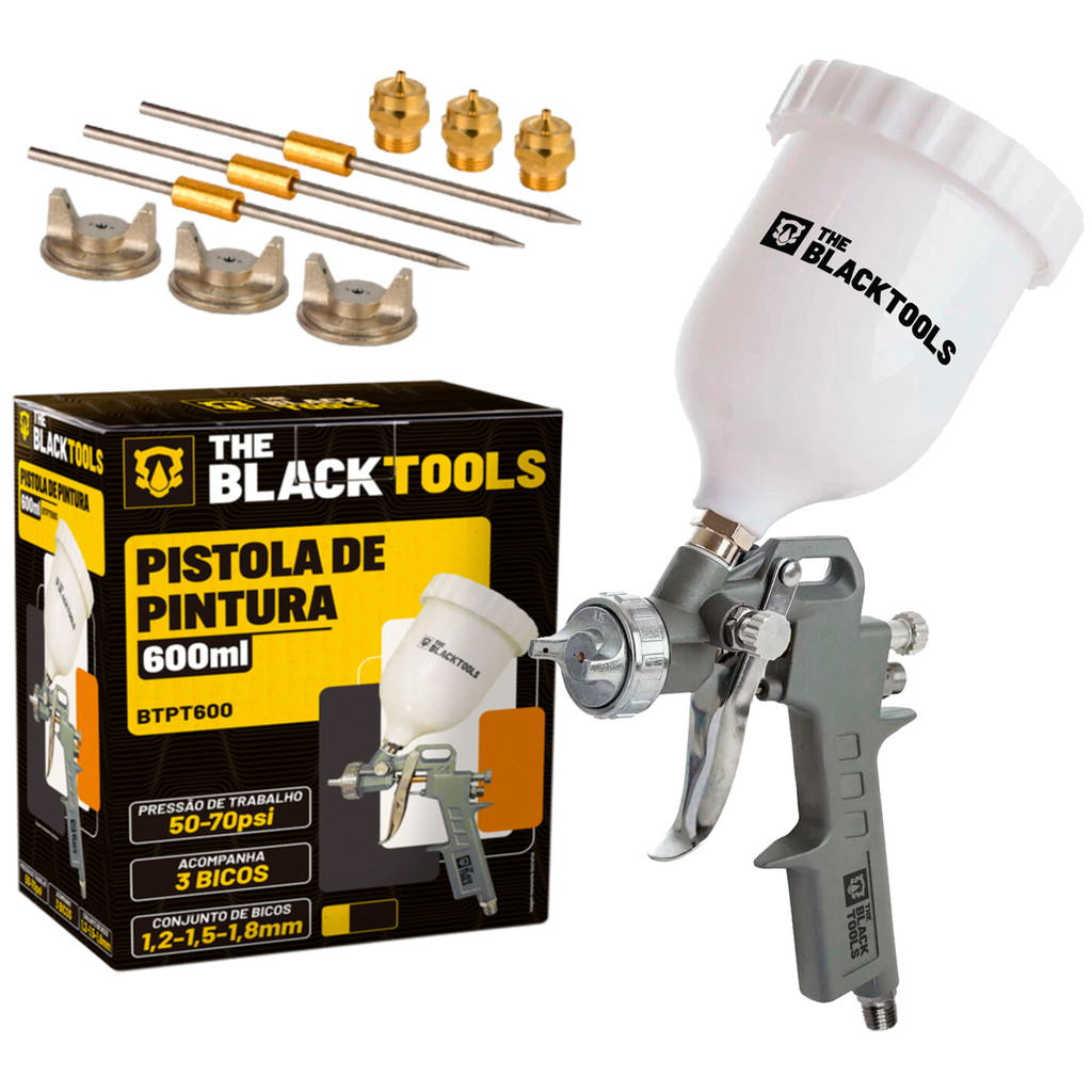 Pistola Pintura Profissional Gravidade Caneca 600ml 3 Bicos The Black Tools