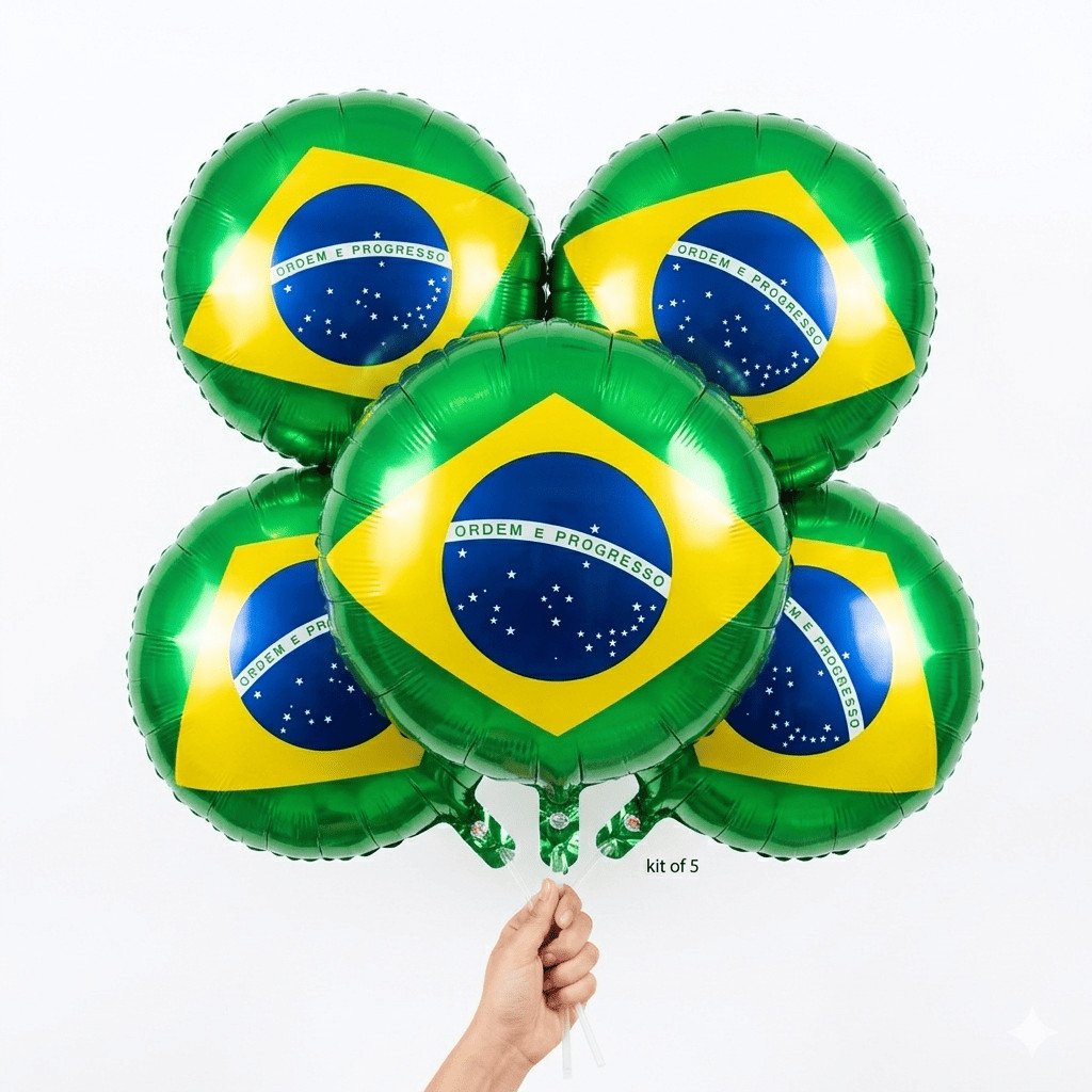 Kit 5,10 Balões Metalizados Bandeira do Brasil – Festa Copa do Mundo Decoração 24*30cm