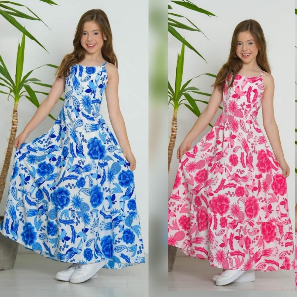 Vestido Longo infantil juvenil longo estampado Crepinho Rodado alça do 8,10,12,14 e 16 anos