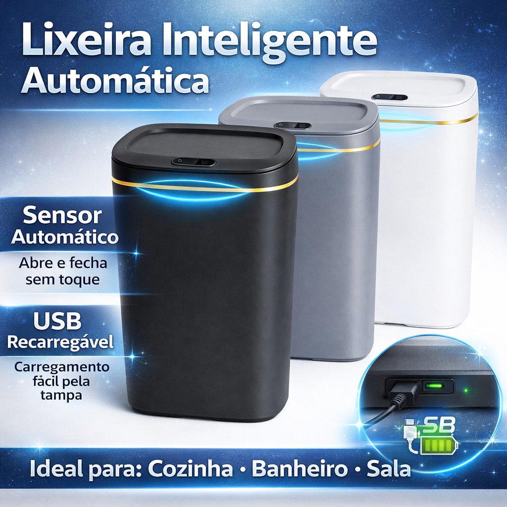 Lixeira Inteligente Automática Sensor Sem Toque Recarregável USB Cozinha Banheiro Lixo Inteligente