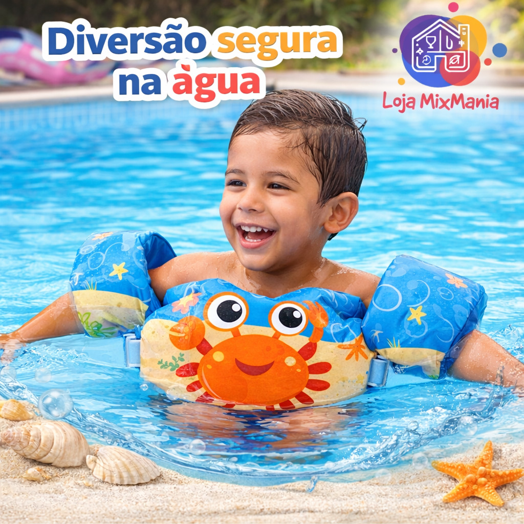 Colete Boia Infantil Salva-Vidas Premium com Braçadeiras Flutuador Natação Seguro para Praia Piscina