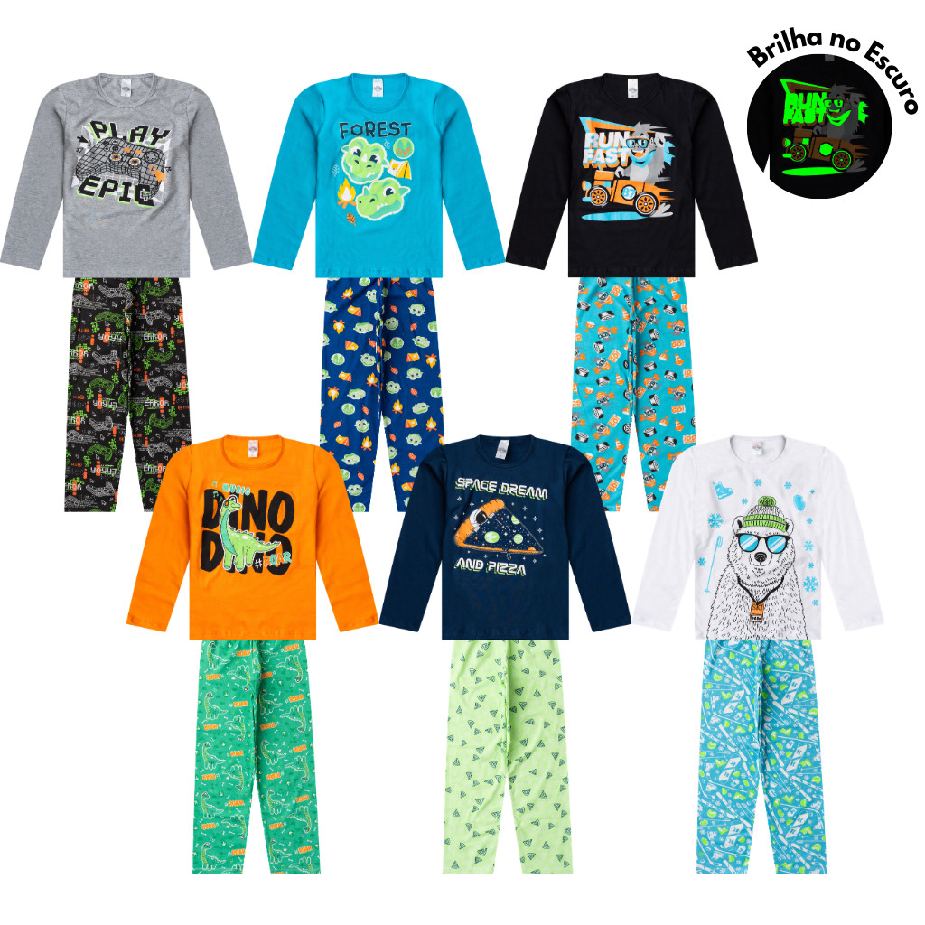 Conjunto Pijama Longo Algodão Juvenil MENINO 10 ao 14 Brilha no Escuro