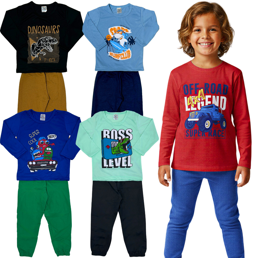 Kit 6 ou 4 Peças 3 ou 2 Conjunto Calça Blusa Manga Longa Menino Meia Estação Roupa Frio Inverno