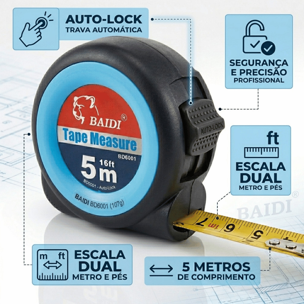 Trena De Aço Profissional Com 5 Metros Trava automática Suporte para Cinto e Alça Fita Métrica
