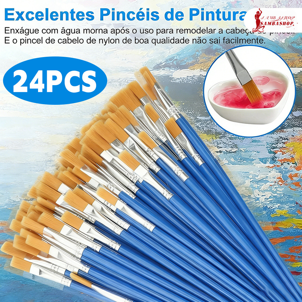 Kit12/24 Pincéis Chato Linear Nylon Atóxico Tinta Acrílica Guache Aquarela Artista Escolar Tela Artesanato Não SoltaPelo